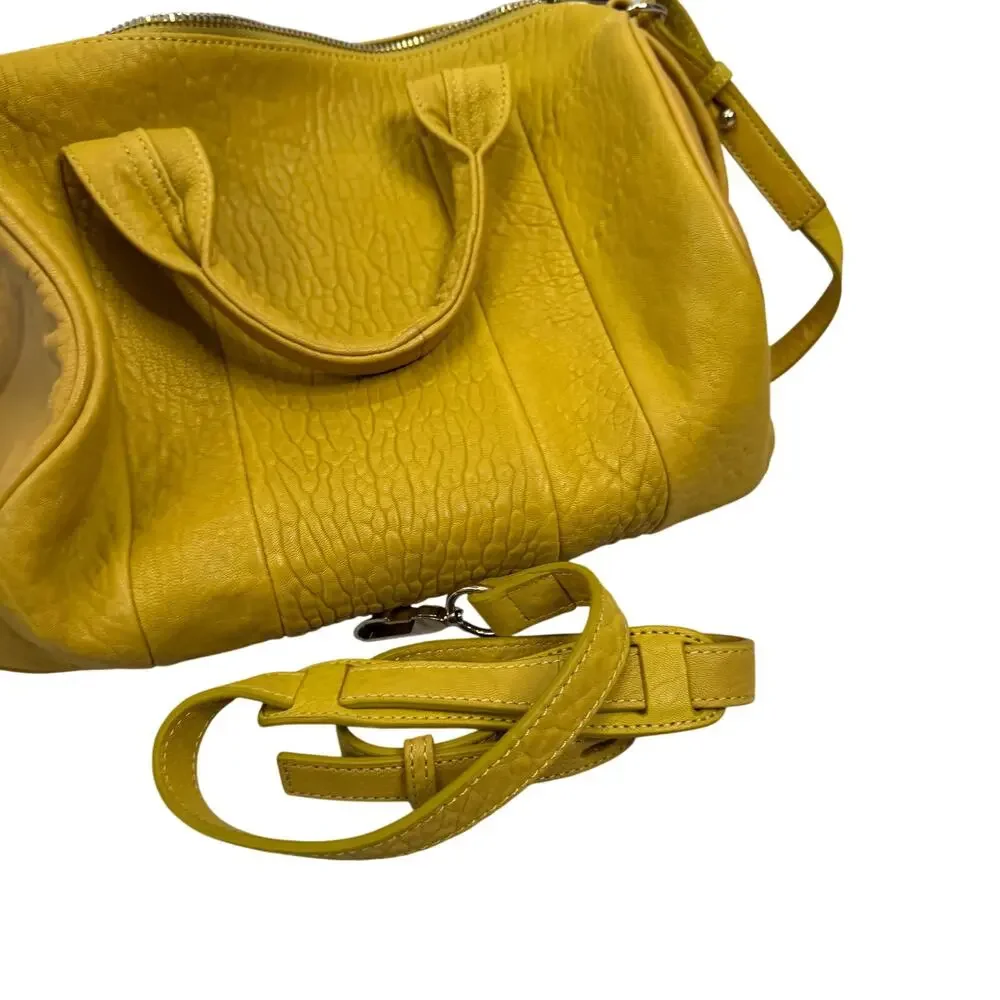 Alexander Wang Rocco Duffel Bag Mustard Yellow Pebbled Leather Studded Bottom